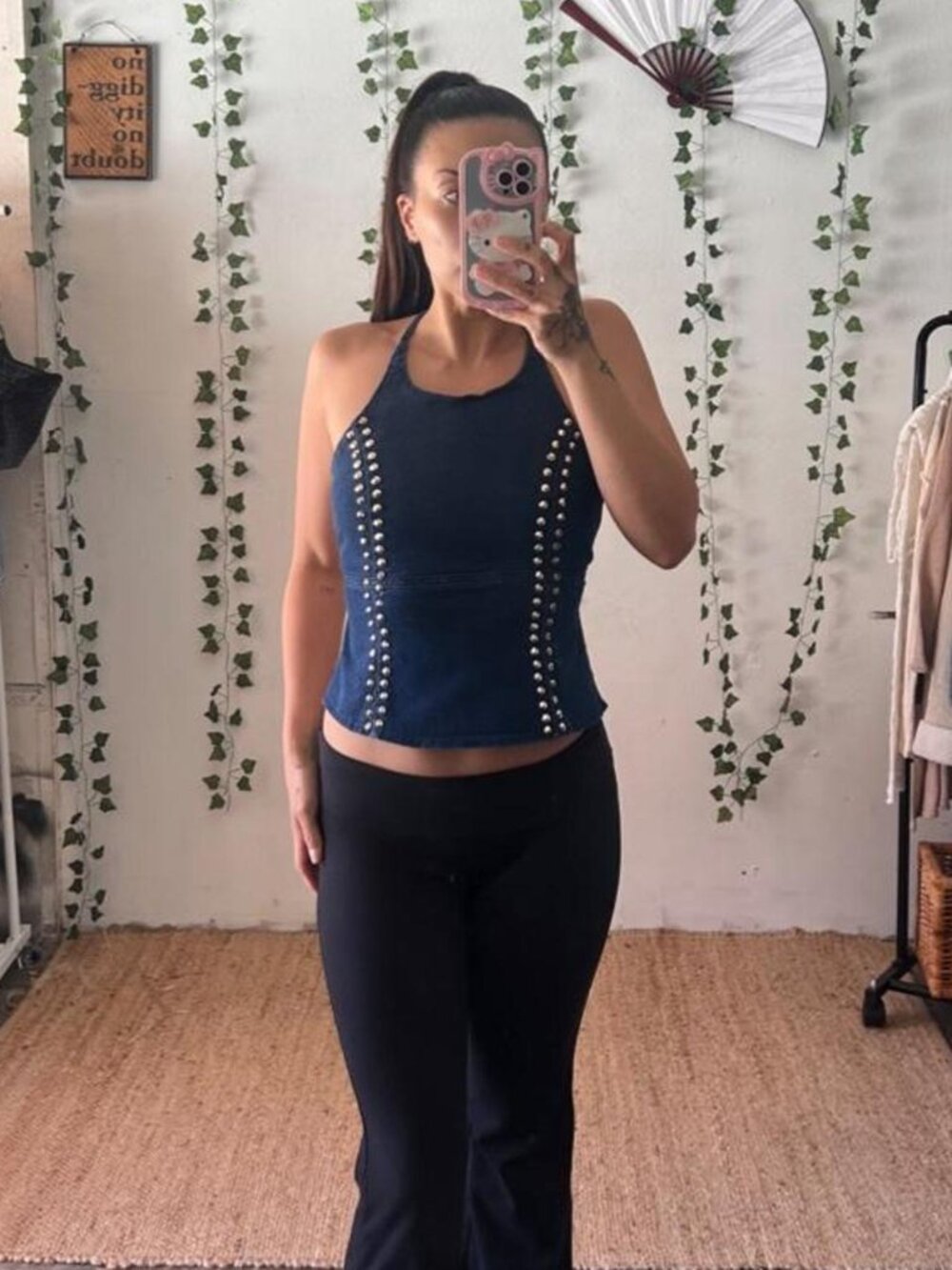 Vintage Y2K dark wash denim halter top with silver studs